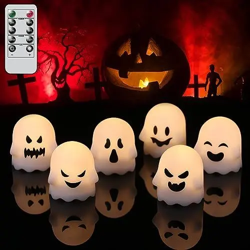 Produktbild: Eldnacele Halloween Dekoration Flammenlose Kerzen mit Fernbedienung und Timer, 6er-Pack Grimassen Geisterkerzen, Batteriebetriebene Weiße LED-Teelichter mit Dimmbarem Licht für Halloween Dekoration