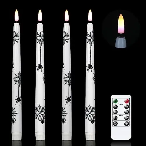 Produktbild: Eldnacele Halloween Dekoration Flammenlose Stabkerzen mit Fernbedienung und Timer, Batteriebetriebene LED-Halloween-Kerzen Flackernd mit Spinnennetzmuster für Halloween-Deko (4er-Pack)