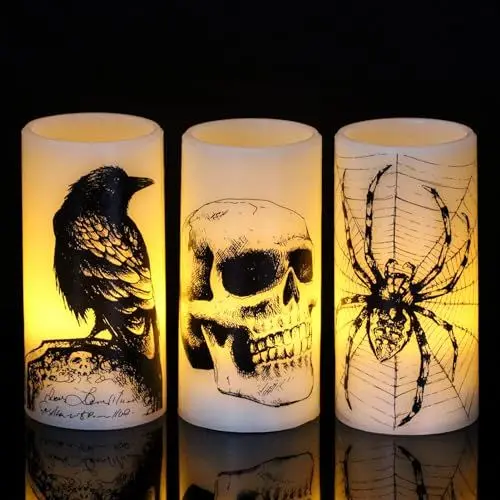 Produktbild: Eldnacele Halloween Flammenlose Stumpenkerzen mit 6H Timer, Batteriebetriebene Echtwachs-LED-Kerzen mit Krähe Spinne Spinnweb Totenkopf-Muster für Horror Gruselige Halloween Heimdekoration Geschenk