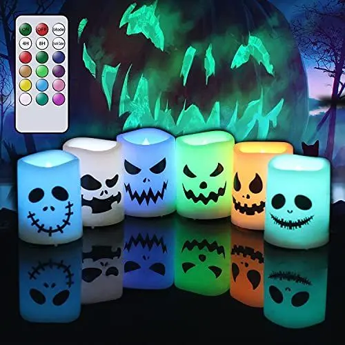 Produktbild: Eldnacele Halloween LED Votivkerzen Farbwechsel mit Fernbedienung, batteriebetriebene flammenlose Teelichtkerzen für Halloween Heimdekoration Geschenke (Batterie enthalten)