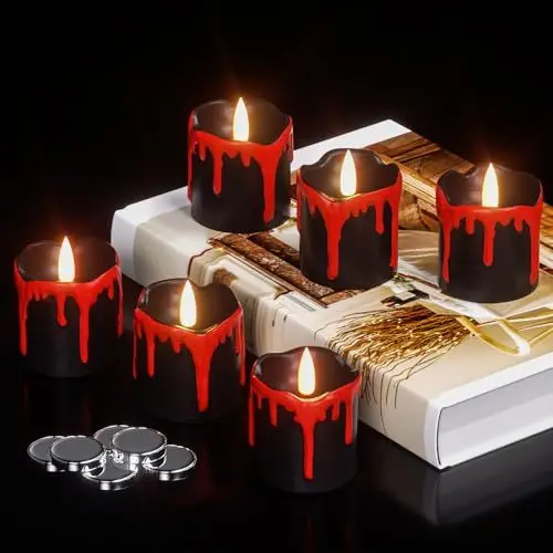 Produktbild: Eldnacele Halloween flammenlose Votivkerzen mit 6 Stunden Timer, schwarze LED Kerzen mit tropfendem Wachs, flackernde Teelichter, batteriebetriebene Kerzen, 6er Set, Ø 5 cm H 6 cm