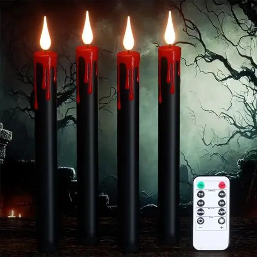 Produktbild: Eldnacele Halloween schwarze flammenlose Stabkerzen mit Fernbedienung, dimmbar, batteriebetriebene LED Kerzen, 4er Set tropfende Wachskerzen für Halloween Dekoration ganla