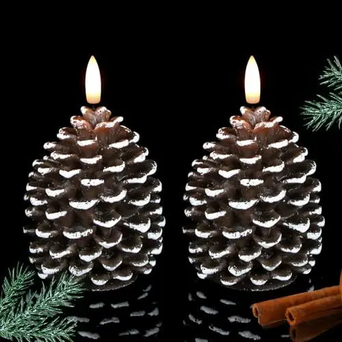 Produktbild: Eldnacele LED-Flammenlose Tannenzapfenkerzen mit 6-Stunden-Timer, batteriebetriebene Wachssäulenkerzen, 2er-Set Weihnachtskerzen Eichel-Deko, waldiges Design für Herbst- und Weihnachtsdekoration
