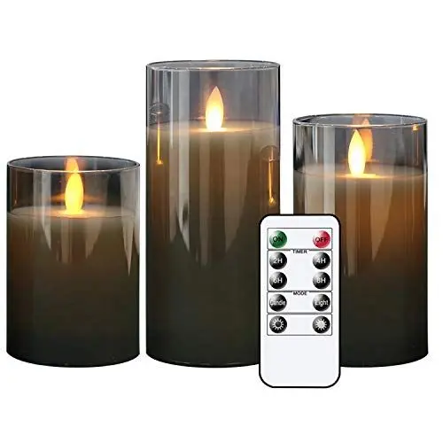 Produktbild: Eldnacele LED Kerzen mit Timerfunktion flackernde Flamme, elektrische Echtwachskerzen im Glas, beweglicher Docht, 3-teilige flammenlose Kerzen-Set mit Fernbedienung, Art u. Zimmer Deko, Grau