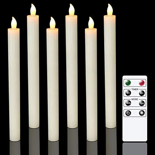 Produktbild: Eldnacele LED Stabkerzen mit Timerfunktion, Stabkerzen mit Fernbedienung, flackernde Flamme elektrische Kerzen Set 6er Ø 2 x 25 cm Elfenbein Tischdeko für Party Weihnachten