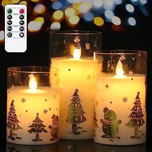 Produktbild: Eldnacele Schneemann Glas LED-Kerzen mit Fernbedienung und Timer, batteriebetriebene Echtwachskerzen ohne Flamme für Weihnachtsdekoration zu Hause