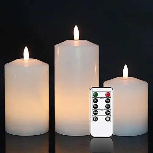 Produktbild: Eldnacele Weiß Flammenlose Säulenkerze, die mit Fernbedienung-Timer flackern, echtes Wachs 3D-Docht-Batterie betriebene LED-Kerzenpackung von 3 für Hochzeitsparty Weihnachts-Home-Dekoratio