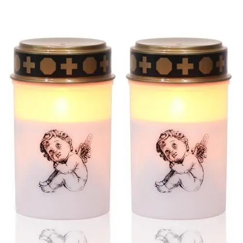 Produktbild: Eldnacele Weiße flackernde LED Grabkerzen mit 6-Stunden-Timer, batteriebetrieben, wasserdichte flammenlose Grabkerzen-Gedenkkerze (2er Pack, weißer kleiner Engel)