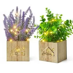Produktbild: Elecoutek 2 Set Kunstpflanzen mit LED in Holzkiste, Plastikpflanzen Eukalyptus Lavendel wie Echt Künstliche Pflanze im Topf, Deko Fake Pflanzen für Wohnzimmer Badezimmer Fensterbank Innen Deko