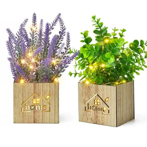 Produktbild: Elecoutek 2 Set Kunstpflanzen mit LED in Holzkiste, Plastikpflanzen Eukalyptus Lavendel wie Echt Künstliche Pflanze im Topf, Deko Fake Pflanzen für Wohnzimmer Badezimmer Fensterbank Innen Deko
