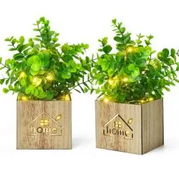 Produktbild: Elecoutek 2 Set Kunstpflanzen mit LED in Holzkiste, Plastikpflanzen Eukalyptus wie Echt Künstliche Pflanze im Topf, Deko Fake Pflanzen für Wohnzimmer Badezimmer Fensterbank Innen Deko