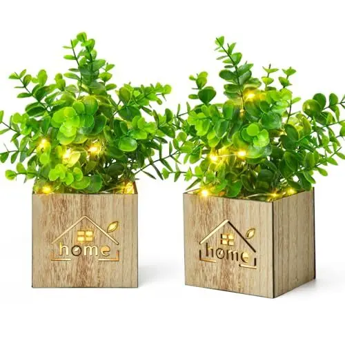 Produktbild: Elecoutek 2 Set Kunstpflanzen mit LED in Holzkiste, Plastikpflanzen Eukalyptus wie Echt Künstliche Pflanze im Topf, Deko Fake Pflanzen für Wohnzimmer Badezimmer Fensterbank Innen Deko