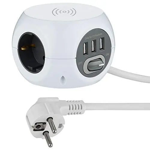 Produktbild: Electraline 62079 Mini Cube Steckdosenleiste mit schnellem drahtlosem Ladegerät, Fast Wirelss Charger, mit 3 USB-Anschlüssen 2,4 A, mit 3 Steckdosen mit Schalter, 1,5 m Kabel, weiß, Weib