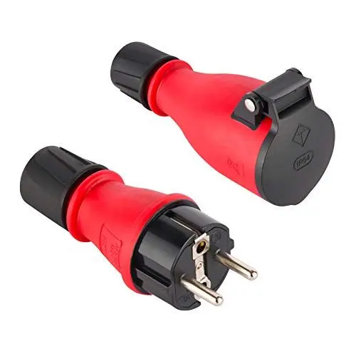 Produktbild: Electraline 92383 Packung mit 1 Gummi-Stecker + 1 Schuko-Steckdose IP54, mit automatischer Federabdeckung für den Freihandbetrieb, Rot/Schwarz