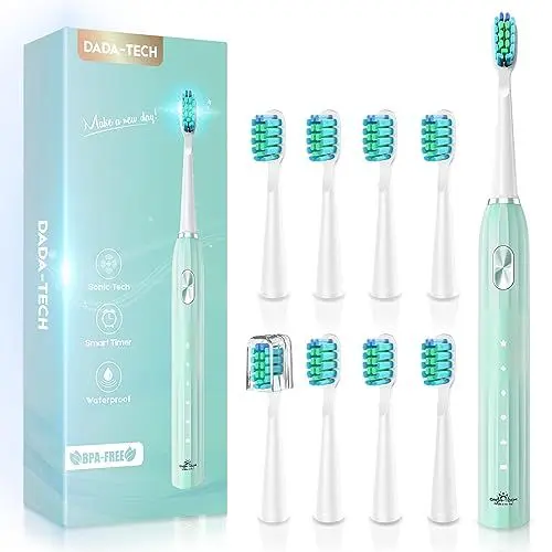 Produktbild: Electric Toothbrush, Elektrische Zahnbürste Schallzahnbürste mit 90% Abgerundeten Borsten 5 Putzmodi Integrierter Timer und 9 Zahnbürstenköpfen Ultraschall Zahnbürsten (Grün)