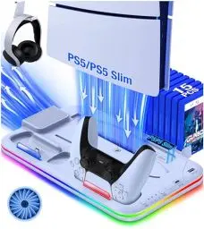 Produktbild: Elegamefy Halterung mit Controller Ladestation für PS5 Vertical Stand, Ständer Zubehör mit Kühler Lüfter/15 Spiele Aufbewahrung/RGB Licht Für PS5 Slim/PS5 Disc/Digital Konsole