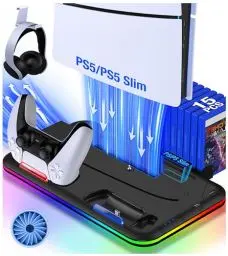 Produktbild: Elegamefy PS5 Slim Ständer mit Kühler Lüfter, Standfuß für PS5/PS5 Slim Disc & Digital Konsole mit Controller Ladestation/RGB Licht/15 Spiele Lagerung/Headset Halterung Zubehör