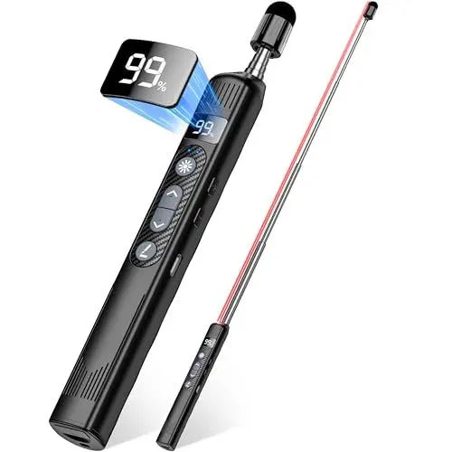 Produktbild: Elegamefy Schreiben Presenter, Präsentationsfernbedienung mit Zeigestab Ausziehbar, Leistung anzeigen, Wiederaufladbarer USB-C Presenter, 3 Stufen Rotlicht-Laserpointer Stark