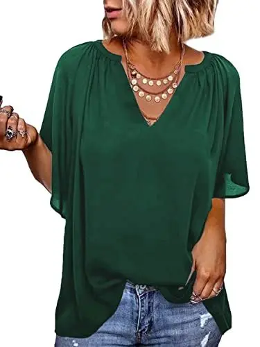 Produktbild: Elegancity Bluse Grün Damen Chiffon Hemd V Ausschnitt Tunika Trompetenärmel Kurzarm mit Rüsche Elegant Einfarbig Sommer Blusen M