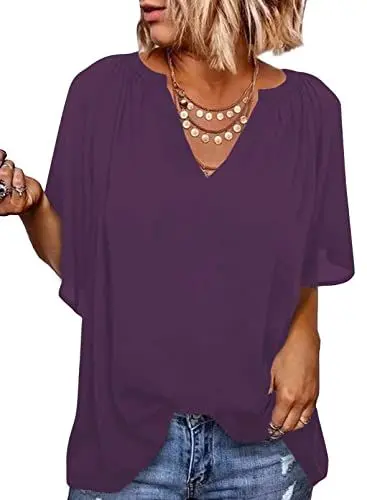 Produktbild: Elegancity Bluse Lila Damen Chiffon Hemd V Ausschnitt Tunika Trompetenärmel Kurzarm mit Rüsche Elegant Einfarbig Sommer Blusen XXL