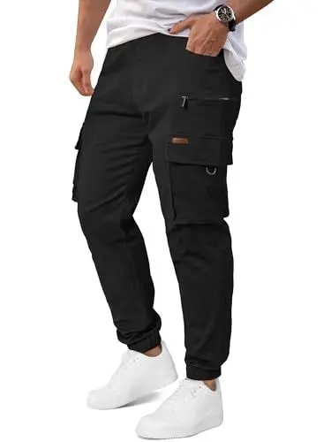 Produktbild: Elegancity Herren Cargohosen Schwarz Casual Chinohose Lang Jogginghose Elastischer Taille Freizeithose Mit Reißverschlusstasche L