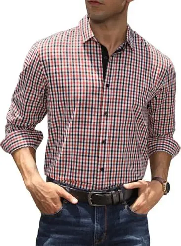 Produktbild: Elegancity Kariertes Hemd Herren Langarm Trachtenhemd Oktoberfest Freizeithemd Karohemden Herrenhemden mit 100% Baumwolle Kent-Kragen rot, M