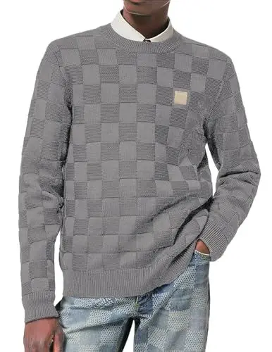 Produktbild: Elegancity Pullover Herren Rundhalsausschnitt Karierter Pullover Langarm Herbst Schachbrett Strickpullover Regular Fit Hellgrau L