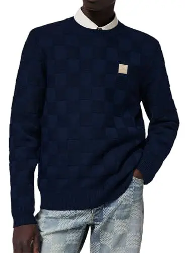 Produktbild: Elegancity Pullover Herren Rundhalsausschnitt Karierter Pullover Langarm Herbst Schachbrett Strickpullover Regular Fit Marineblau L