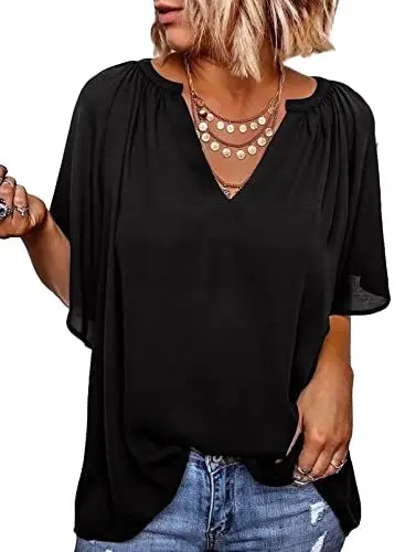 Produktbild: Elegancity Schwarz Bluse Damen Chiffon Hemd V Ausschnitt Tunika Trompetenärmel Kurzarm mit Rüsche Elegant Einfarbig Sommer Blusen M