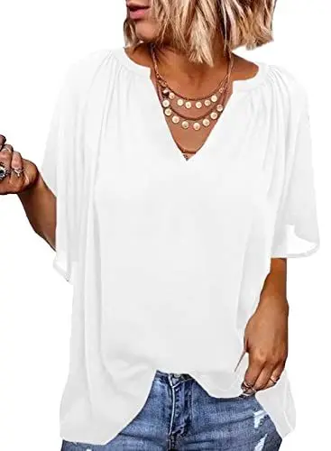 Produktbild: Elegancity Weiße Bluse Damen Chiffon Hemd V Ausschnitt Tunika Trompetenärmel Kurzarm mit Rüsche Elegant Einfarbig Sommer Blusen M