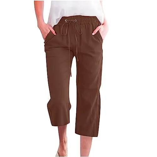 Produktbild: Elegant Damen Stoffhose Baumwolle und Leinen Stoffhose Casual Einfarbig Leinenhose Straight Bein Freizeithose mit Kordelzug Taschen Caprihose Dreiviertel Wanderhose Strand Urlaub Strandhose