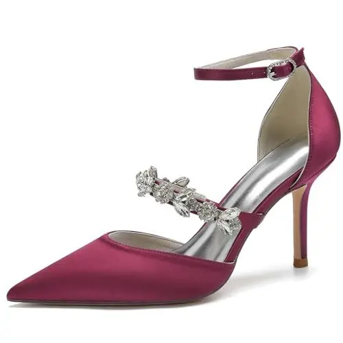 Produktbild: Elegant Rhinestone Strap Hochzeit ScHohe Kitten Heel für Frauen Knöchelriemchen Dressy Pumps D Orsay Braut Heels Cocktail Party ScHohe Satin Burgundy Size 43