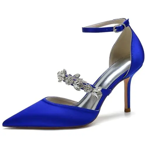 Produktbild: Elegant Rhinestone Strap Hochzeit ScHohe Kitten Heel für Frauen Knöchelriemchen Dressy Pumps D Orsay Braut Heels Cocktail Party ScHohe Satin Royal Blue Size 39