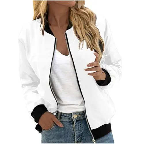 Produktbild: Elegant Sommerjacke Damen Bomberjacke Damen Blouson Reißverschluss Fliegerjacke Bomberjacke Leichter Blouson Damen Bikerjacke Damen Sommer Reißverschluss Herbst Frühling Jacket Leichte