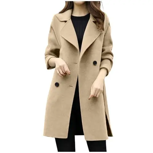 Produktbild: Elegant Wollmantel Damen Lang Winterjacke infarbig Warme Outwear mit Knopf und Revers Trenchcoat Baumwolle Langarm Übergangsjacke Locker Windbreaker Bequem Solid Basic Outwear