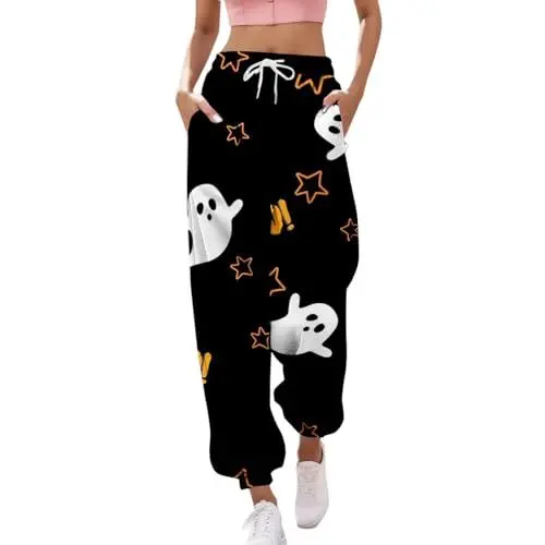Produktbild: Elegante Hose Damen Halloween-Pyjamahose für Damen, süße Hose mit weitem Bein, lässig, bequem, locker, mit Kordelzug, hohe Taille, Palazzo-Hose Segelbekleidung Damen Hose (Black, XL)