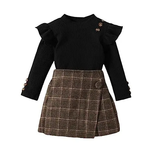 Produktbild: Uwdiohq Angebote Sale Kleinkind-Mädchen-Baumwoll-gestreifter Langarm-Oberteil mit kariertem Woll-Culottes-Anzug für 1 bis 6 Regenbogen Mädchen Jumpsuit Baby Mädchen Baby Se Sale Angebote Bestellung