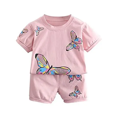 Produktbild: Elegante Kleider Mädchen Strandkleider Set 4 -Kleinkind-Mädchen-Sport-Outfits Mit Schmetterlingsdruck Zweiteiliges Baby-Kleidungsset für 1 Bis 5 (Pink 12-18 Months)