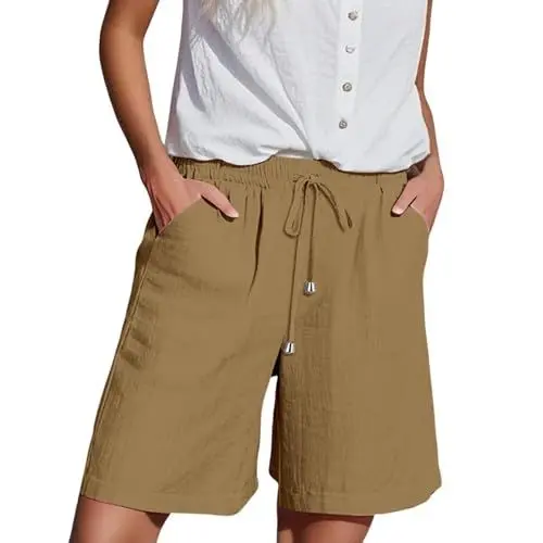Produktbild: Elegante Schwarze Hose Damen Viskose-Hose für Damen Leinen Kurze Hose Frauen mit Tasche Casual Strandshorts Elegant Musselin Elastischer Bund mit Kordelzug