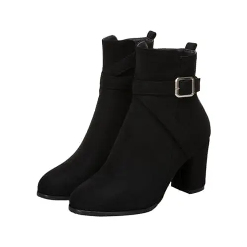 Produktbild: Elegante Schwarze Stiefeletten Stiefeletten Herren Einfarbige Damen-Stiefel mit Perlenschleifenbesatz an der Innenseite, modische Mittelstiefel Damen Stiefeletten Mit Absatz Reitstiefel (Black, 43)