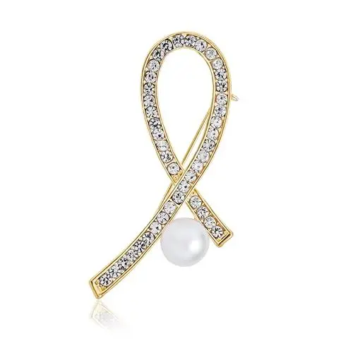 Produktbild: Elegante Weiße Simulierte Perle Mit Klarem Kristall Pavé Band Brustkrebs Überlebende Brosche Gelbgold Plattierter Akzent Ermächtigender Schmuck Für Frauen