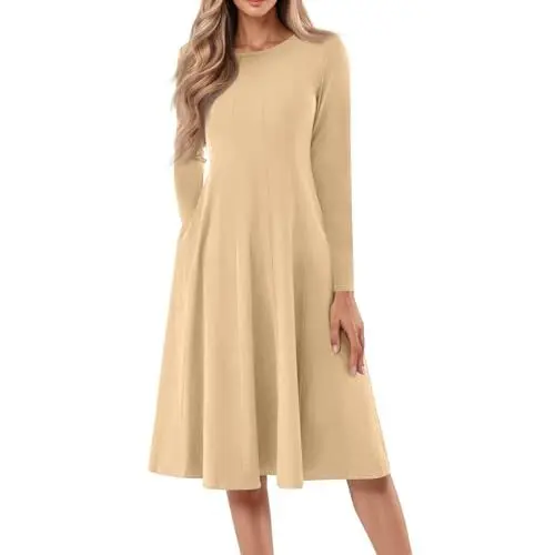 Produktbild: Elegantes Damen Langarm Kleid Perfekt als Abendkleid Damen Lang oder Wickelkleid für Besondere Anlässe Damen Casual Mode Rundhals Langarm Einfarbig Midi Kleid