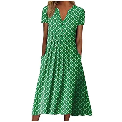 Produktbild: Sommerkleid Damen,Kleider mit Knöpfen Damen Sommer Blumen Luftige Sommerkleider Elegant Damen A Linie Wadenlang Tunika Kleid Kurzarm Leichte Kleid Frauen Elegante Damenkleider
