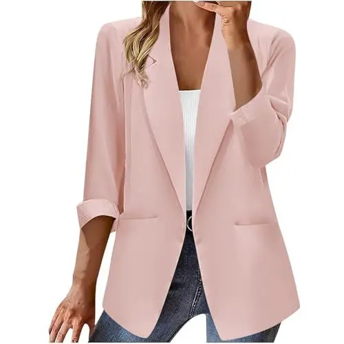 Produktbild: Elegantes Outfit Damen Komplett,Einfarbig Blazer Damen,Blazer Women Große Größen,Outfit Hochzeitsgast Frauen,Business Outfit,Damenjacken Frühjahr Sommer 1-2-rosa 3XL
