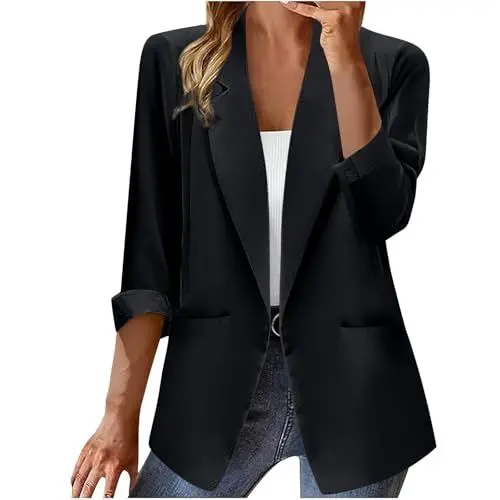 Produktbild: Elegantes Outfit Damen Komplett,Einfarbig Blazer Damen,Blazer Women Große Größen,Outfit Hochzeitsgast Frauen,Business Outfit,Damenjacken Frühjahr Sommer 1-2-schwarz S