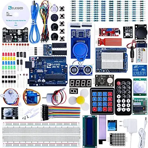 Produktbild: ELEGOO UNO R3 Ultimate Starter Kit, Kompatibel mit Arduino IDE Vollständigster Elektronik Projekt Baukasten mit deutschem Tutorial, UNO R3 Mikrocontroller Board und Zubehör (mehr als 200 Teile)