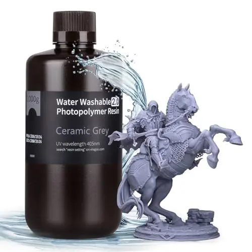 Produktbild: ELEGOO Upgraded Wasser Waschbares 3D Drucker Resin 2.0, Schnell Aushärtendes Photopolymerharz für LCD DLP SLA Resin Drucker, 395-405nm UV-Aushärtung 3D-Druckflüssigkeit, Grau 1000g
