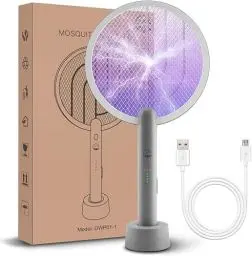 Produktbild: Elektrische Fliegenklatsche, Mosiller 2 in 1 Elektrische Fliegenklatsche & 4000V Insektenvernichter mit Ladestation, Tragbarer Mückenklatsche und UV Lampe mit Sicherem Netz für Drinnen（Grau）