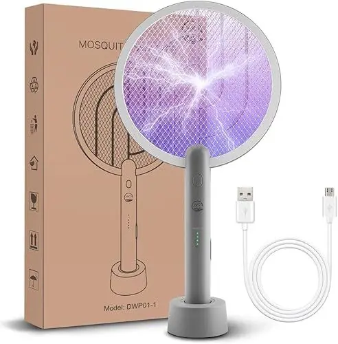 Produktbild: Elektrische Fliegenklatsche, Mosiller 2 in 1 Elektrische Fliegenklatsche & 4000V Insektenvernichter mit Ladestation, Tragbarer Mückenklatsche und UV Lampe mit Sicherem Netz für Drinnen（Grau）