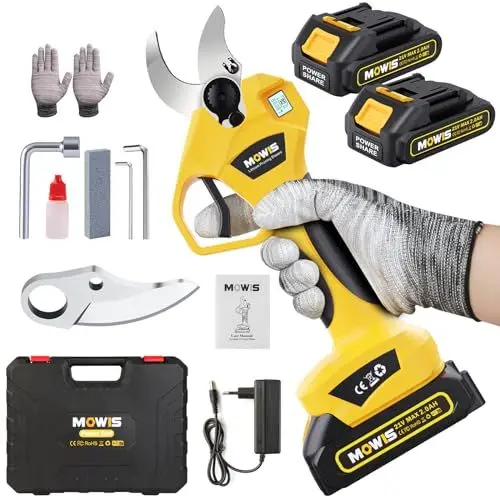 Produktbild: Elektrische Gartenschere mit 2 2Ah Akkus, Mowis Professionelle 30mm Baumschere, Akku Astschere mit LCD Display Bildschirm für Beschneiden Gartenarbeit Obstbaum Weinberg
